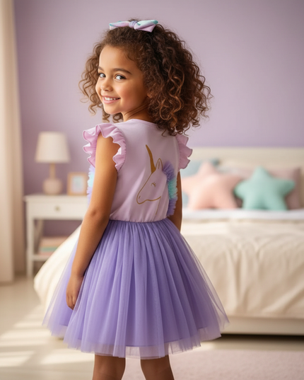 lavender unicorn cartoon print dress - back