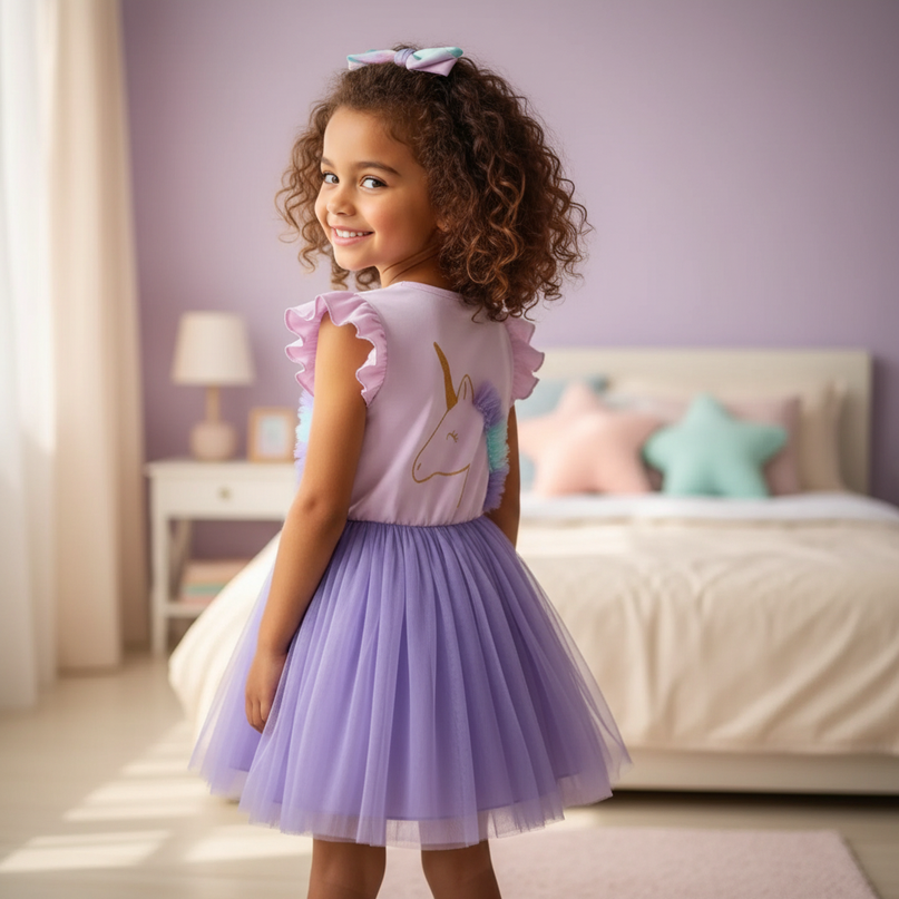 lavender unicorn cartoon print dress - back