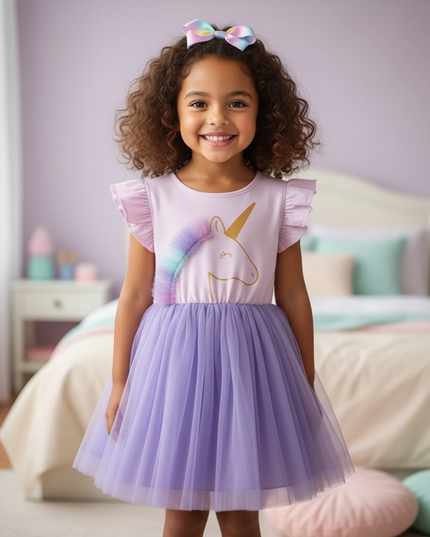 lavender unicorn cartoon print dress - detail