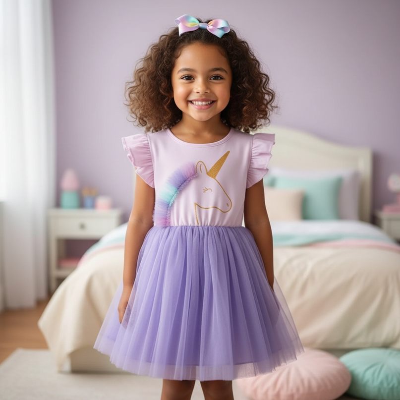 lavender unicorn cartoon print dress - detail
