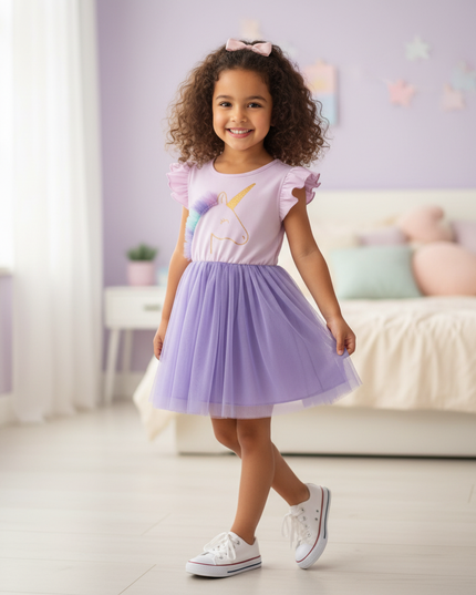 lavender unicorn cartoon print dress - front