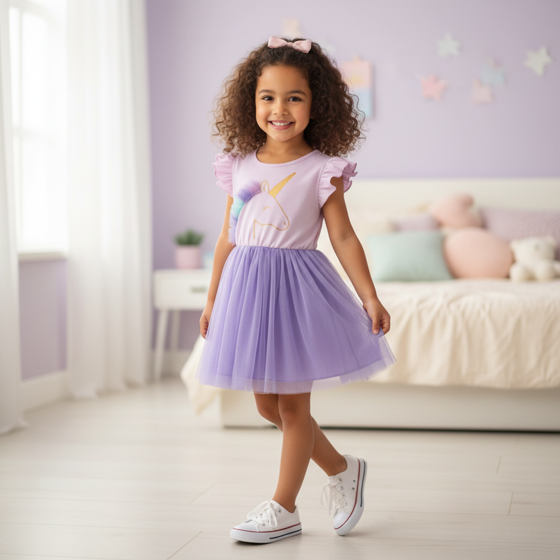 lavender unicorn cartoon print dress - front