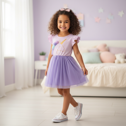 lavender unicorn cartoon print dress - front