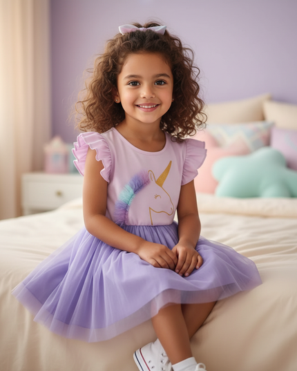 lavender unicorn cartoon print dress - sitting