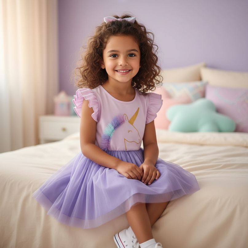 lavender unicorn cartoon print dress - sitting