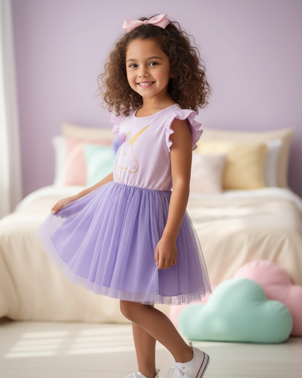lavender unicorn cartoon print dress - three-quarter