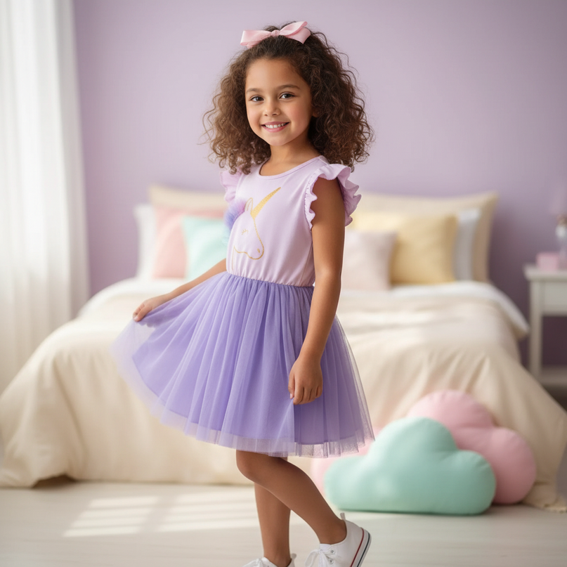 lavender unicorn cartoon print dress - three-quarter