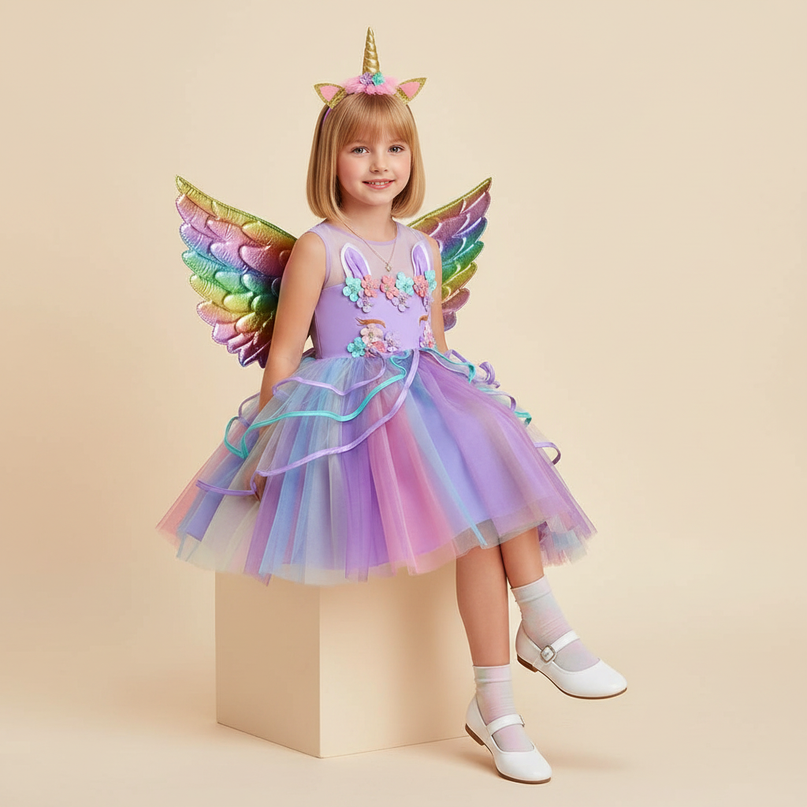 lavender unicorn costume dress set - sitting