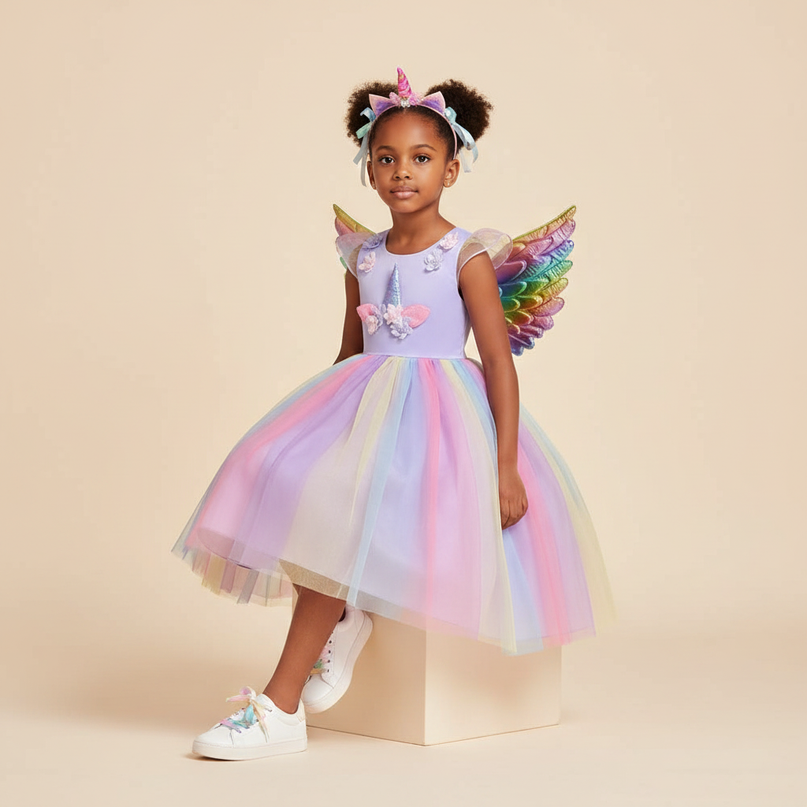 lavender unicorn dress costume with wings - sitting