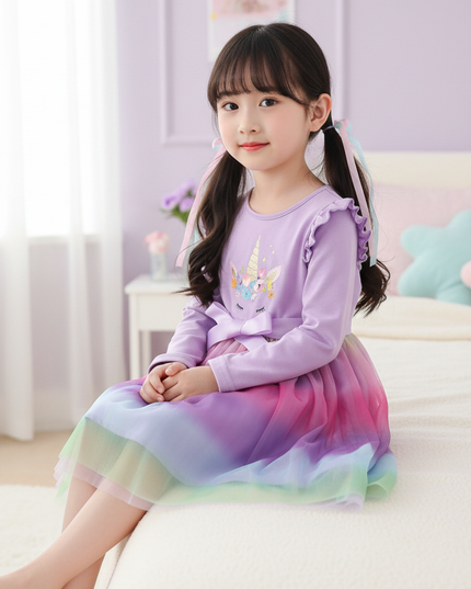lavender unicorn dress girls - sitting