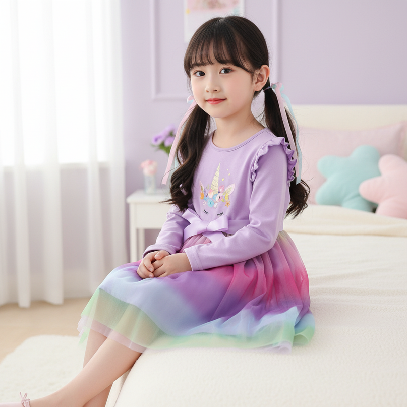 lavender unicorn dress girls - sitting