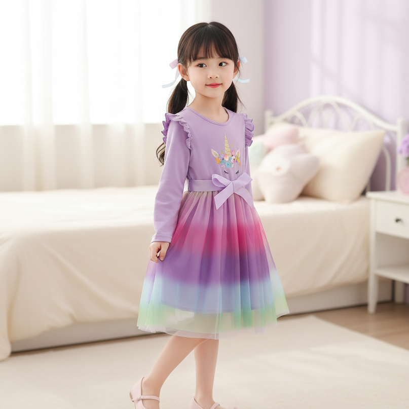 lavender unicorn dress girls - three-quarter
