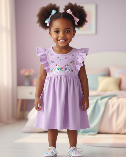lavender unicorn embroidery cotton dress - detail
