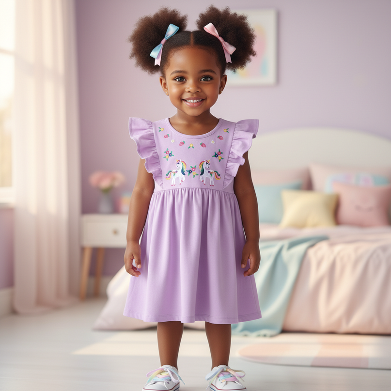 lavender unicorn embroidery cotton dress - detail