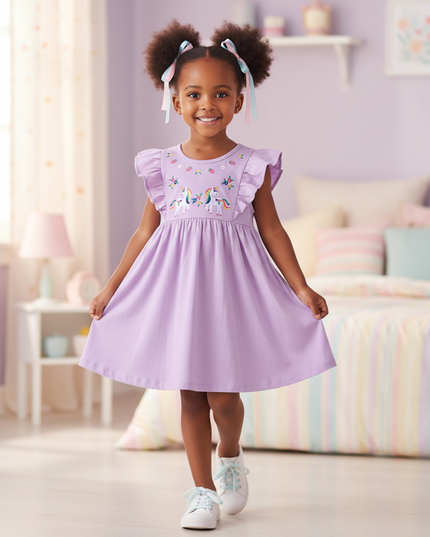lavender unicorn embroidery cotton dress - front