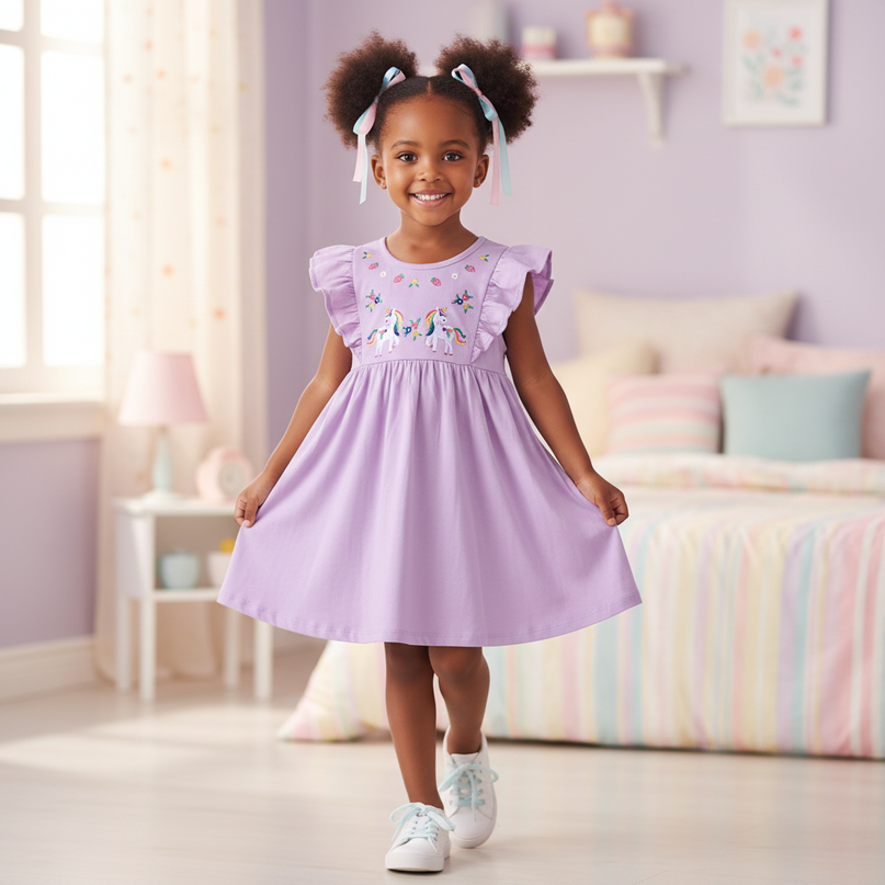 lavender unicorn embroidery cotton dress - front