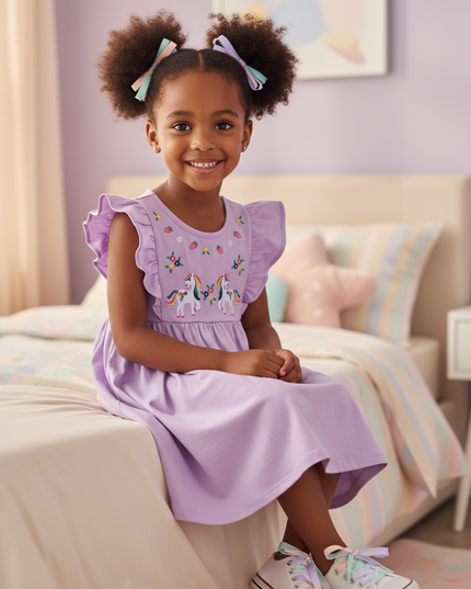 lavender unicorn embroidery cotton dress - sitting