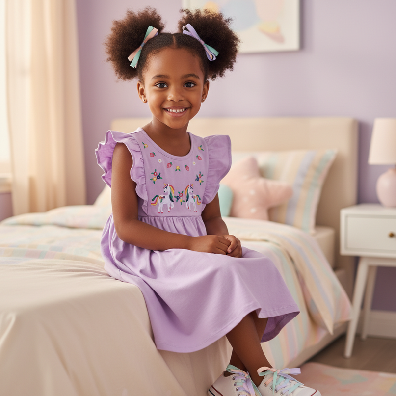 lavender unicorn embroidery cotton dress - sitting