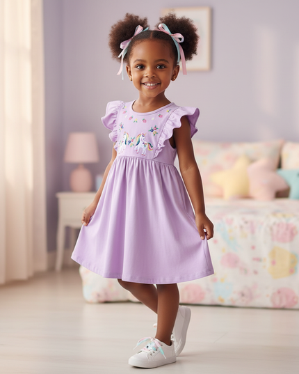 lavender unicorn embroidery cotton dress - three-quarter