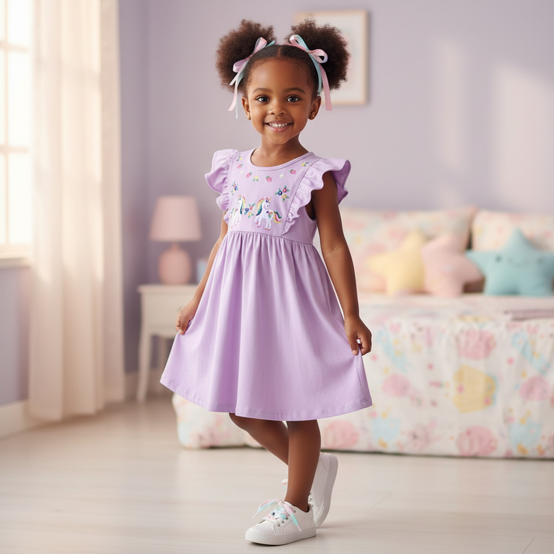 lavender unicorn embroidery cotton dress - three-quarter