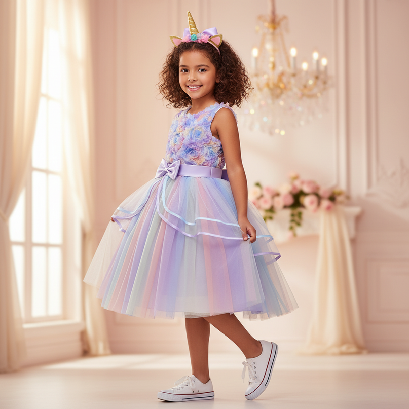 lavender unicorn flower ball gown dress - three-quarter