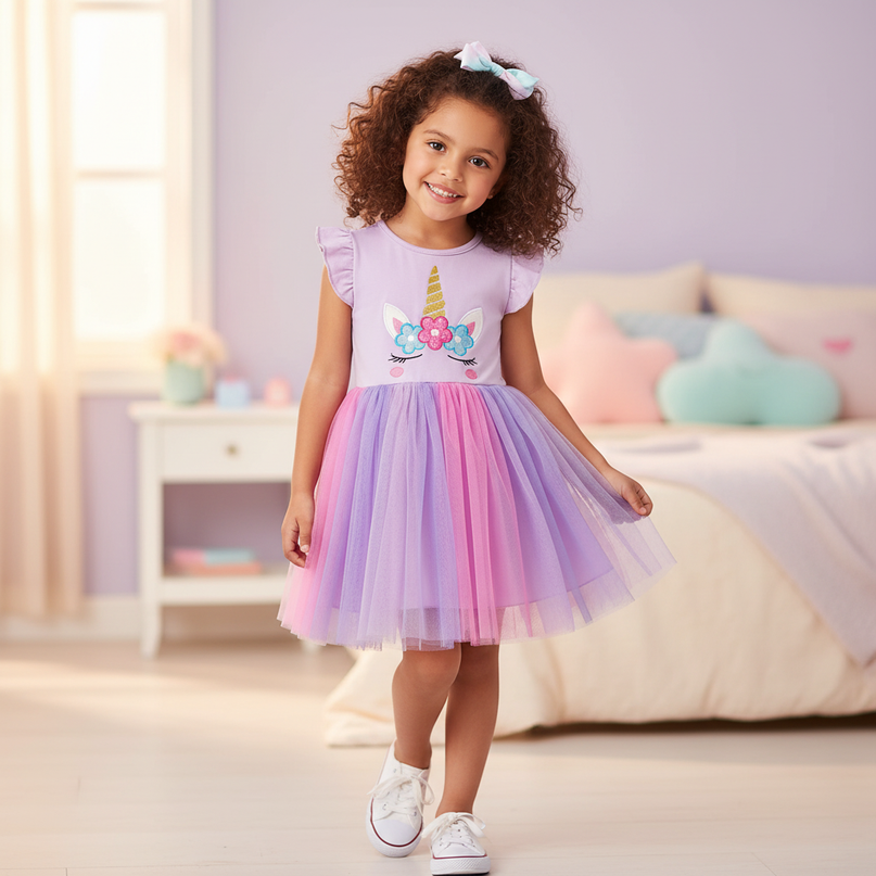 lavender unicorn flutter sleeve tutu dress - front