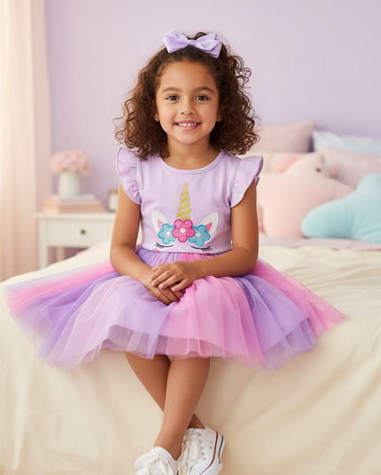 lavender unicorn flutter sleeve tutu dress - sitting
