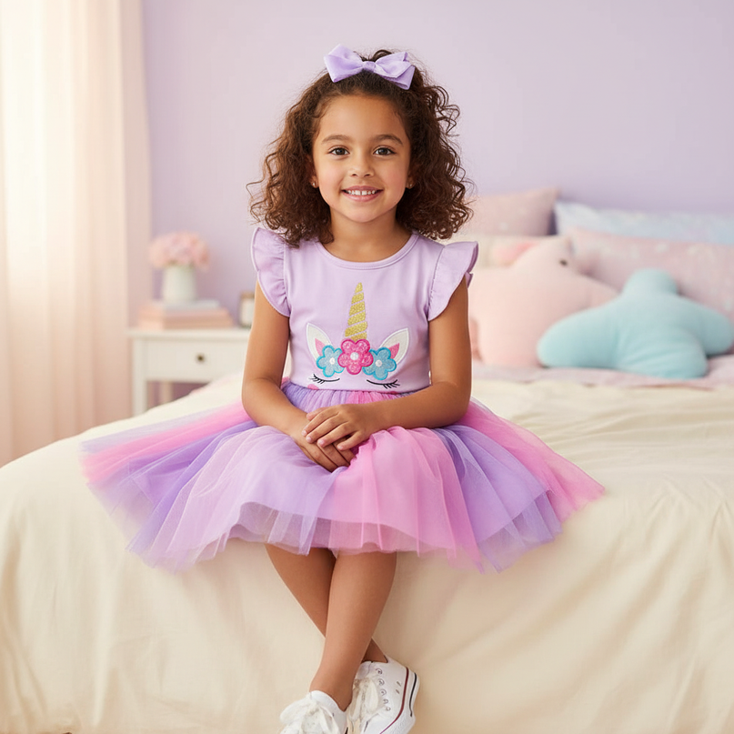lavender unicorn flutter sleeve tutu dress - sitting