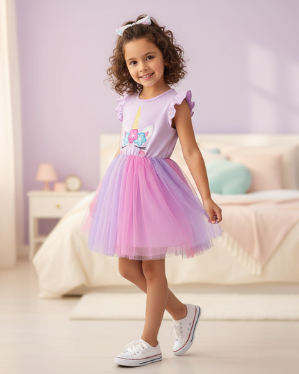 lavender unicorn flutter sleeve tutu dress - three-quarter