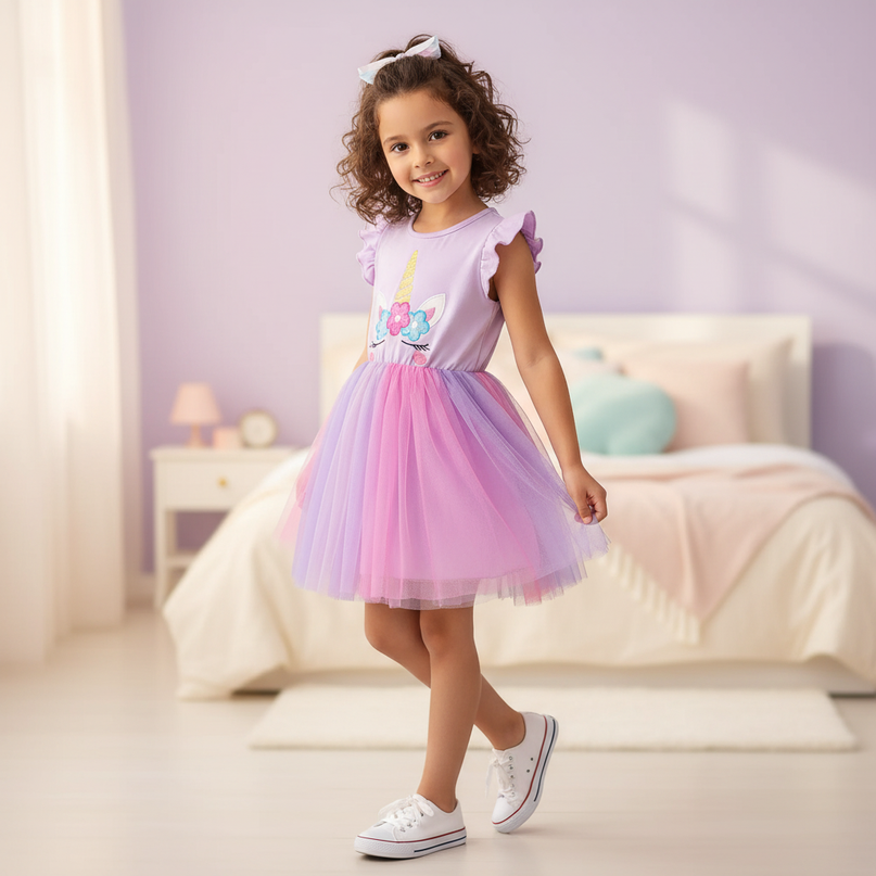 lavender unicorn flutter sleeve tutu dress - three-quarter