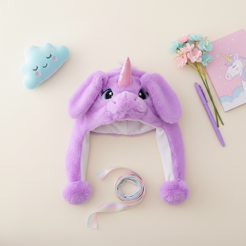 lavender unicorn hat - flat-lay