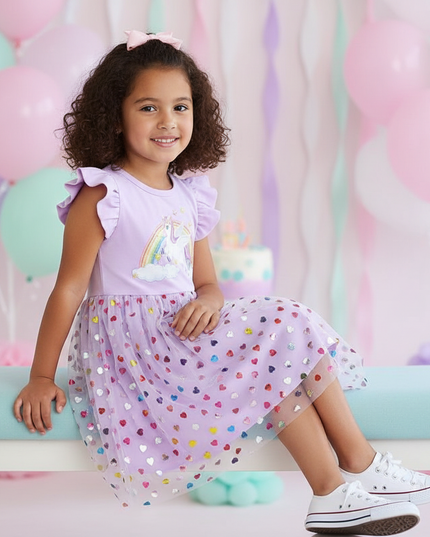 lavender unicorn heart sequin dress - sitting
