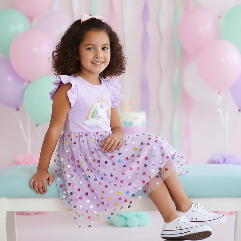 lavender unicorn heart sequin dress - sitting