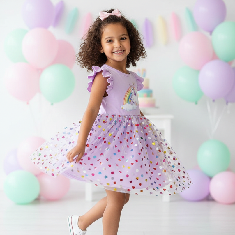 lavender unicorn heart sequin dress - three-quarter