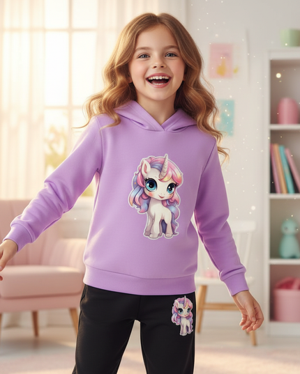 lavender unicorn hoodie kids - in-use