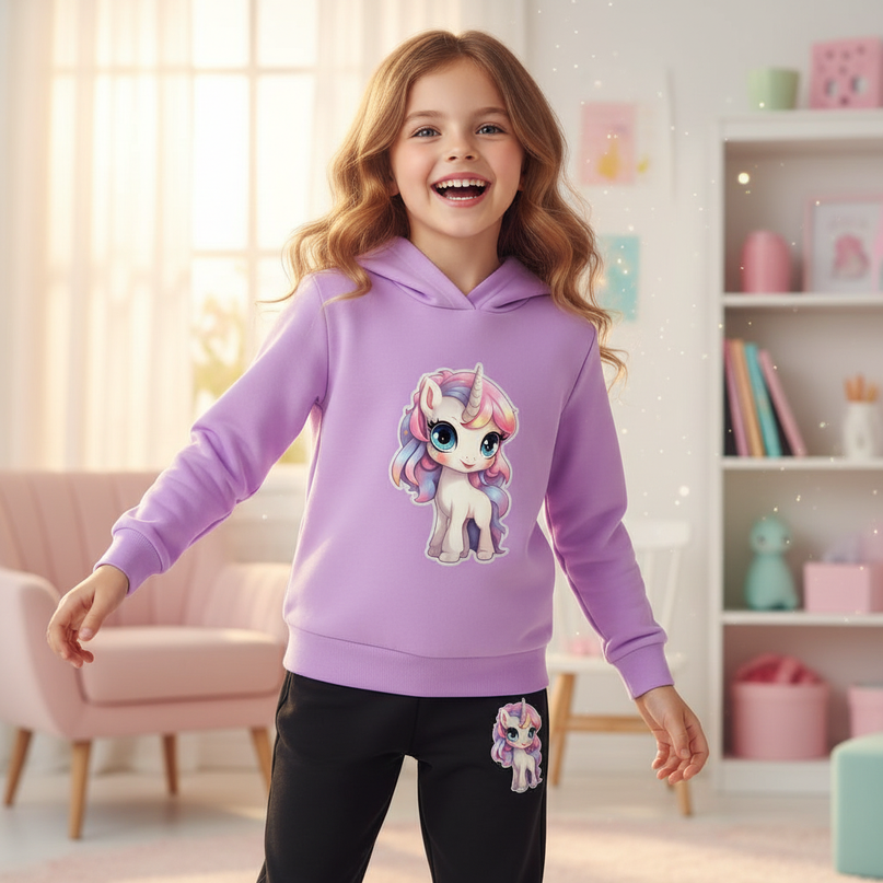 lavender unicorn hoodie kids - in-use