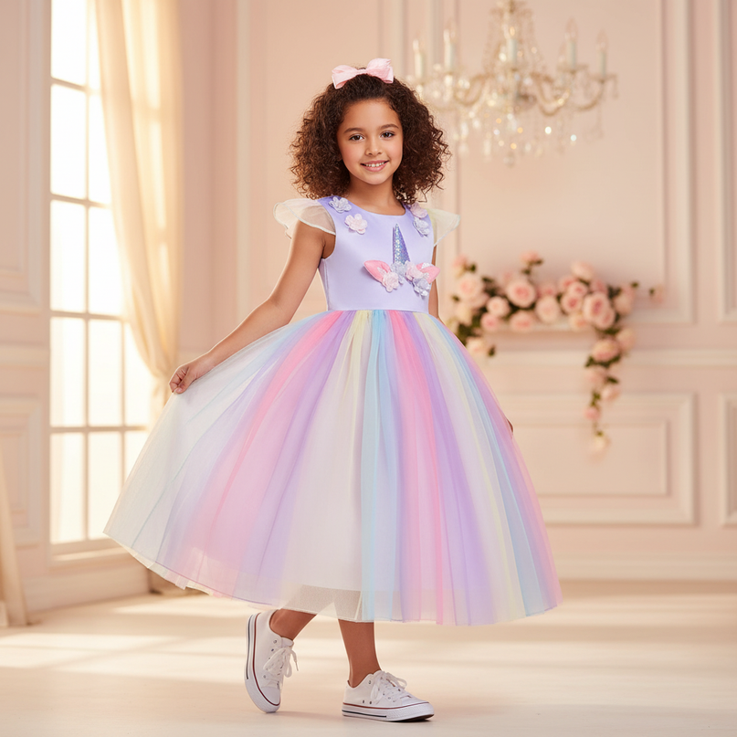 lavender unicorn rainbow ball gown dress - front