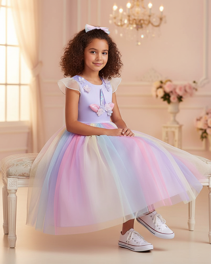 lavender unicorn rainbow ball gown dress - sitting