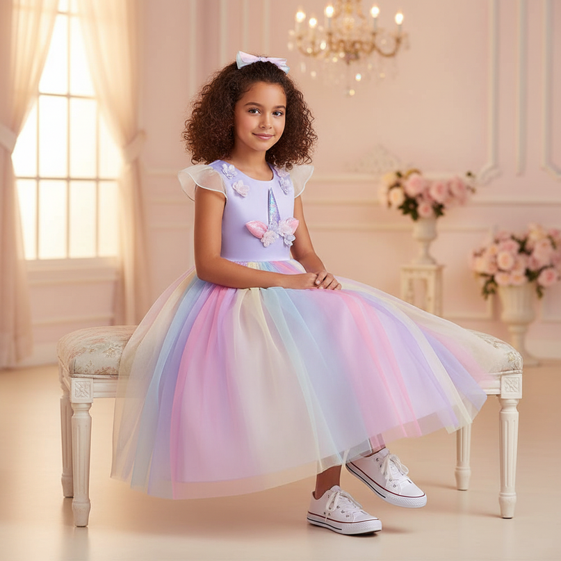 lavender unicorn rainbow ball gown dress - sitting