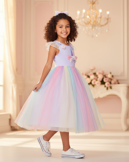 lavender unicorn rainbow ball gown dress - three-quarter
