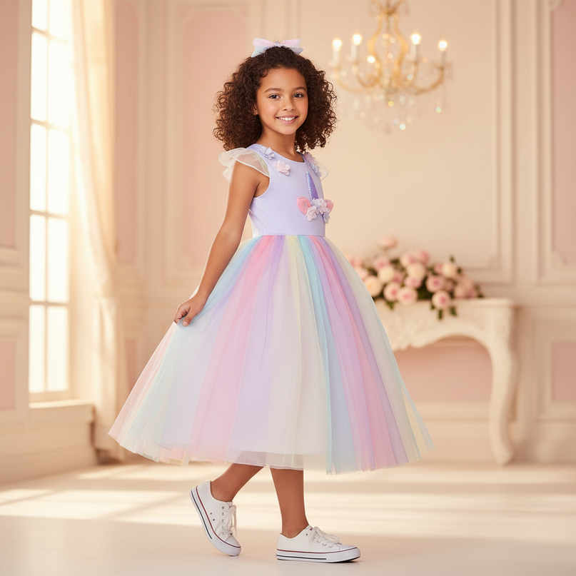 lavender unicorn rainbow ball gown dress - three-quarter