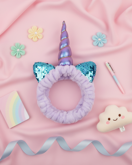 lavender unicorn spa headband - flat-lay