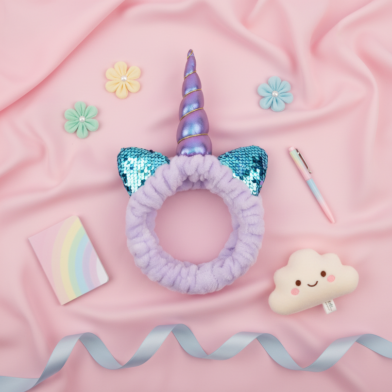 lavender unicorn spa headband - flat-lay