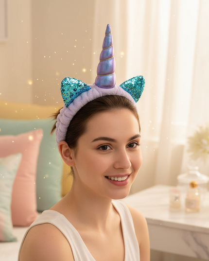 lavender unicorn spa headband - in-use