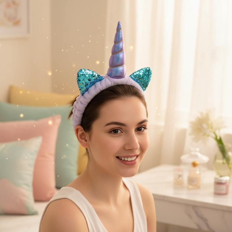 lavender unicorn spa headband - in-use