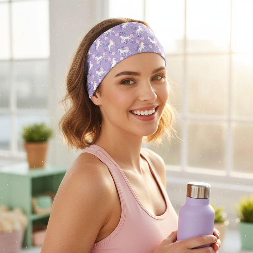 lavender unicorn sport headband - in-use