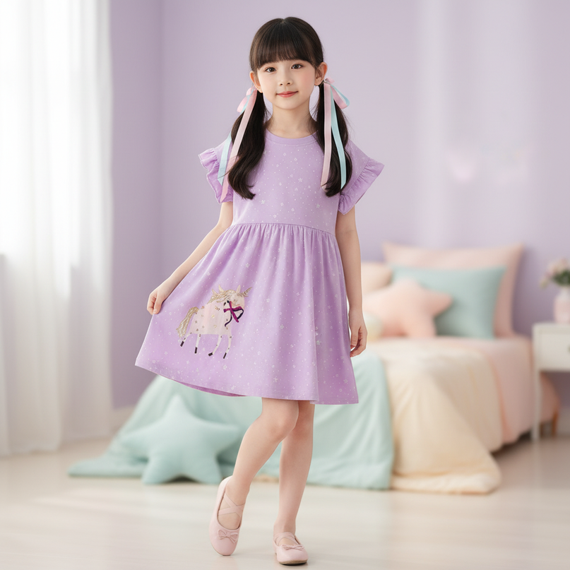 lavender unicorn star applique dress - front