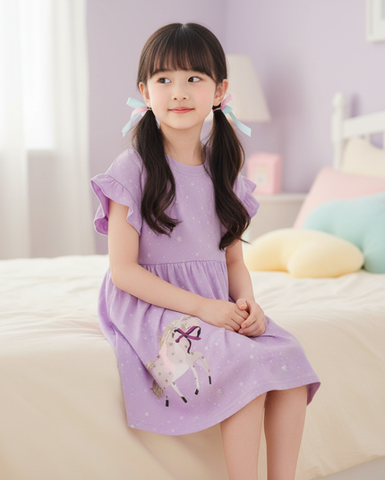 lavender unicorn star applique dress - sitting