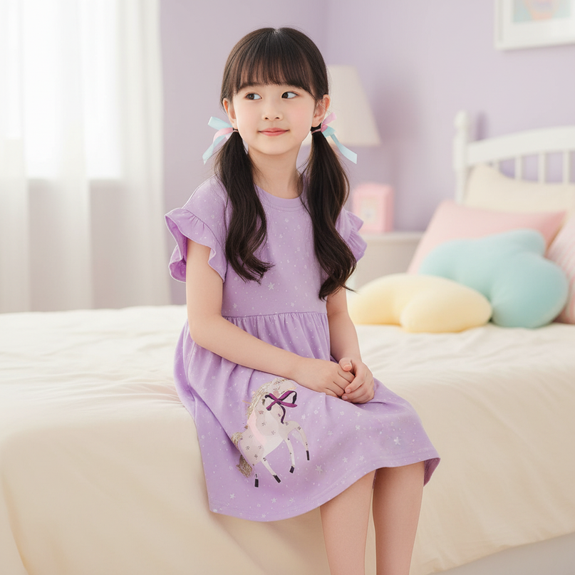 lavender unicorn star applique dress - sitting