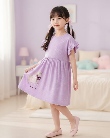 lavender unicorn star applique dress - three-quarter